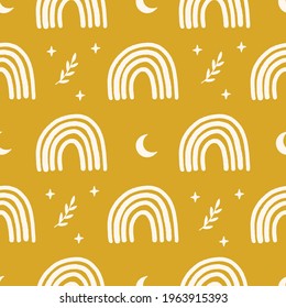 Magic vector seamless pattern illustration. Hand drawn boho nursery rainbow, moon, stars branch on yellow backround. Cute design for baby shower, kids clothes print, textile, digital paper wrapping