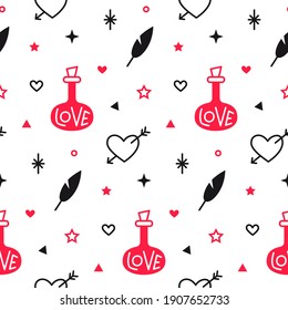 Magic vector seamless pattern with love drink and heart. Love concept for Valentine's Day. Suitable for gift papers, fabrics and prints.