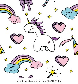 magic vector seamless pattern with unicorn, rainbow, clouds and other cute elements