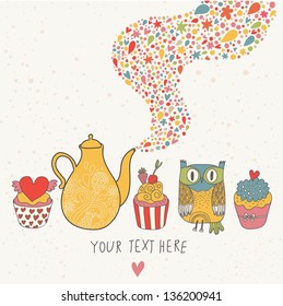 Magic vector set. Cartoon funny card with cupcakes, owl and teapot