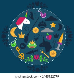 Magic vector set on dark blue background with witch's broom, unicorn, enchanted frog, gold coins, poison bottles, crown, key, stars and clouds. Silhouette and shades elements also, round dotted frame