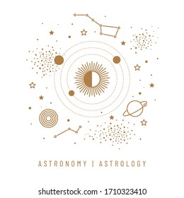 Magic vector symbols of astronomy, astrology, galaxy for branding. Golden space objects around the sun, planets and stars on a white background. Stylish concept for invitation, poster, cover or card.