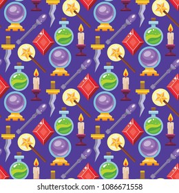 Magic vector tools magician fantasy carnival magical mystery cartoon miracle decoration seamless pattern background illustration.