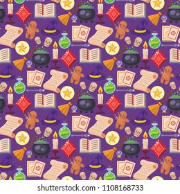 Magic vector tools magician fantasy carnival magical mystery cartoon miracle decoration seamless pattern background illustration.