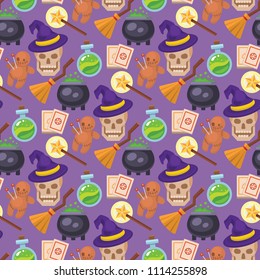 Magic vector tools magician fantasy carnival magical mystery cartoon miracle decoration seamless pattern background illustration.