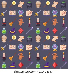 Magic vector tools magician fantasy carnival magical mystery cartoon miracle decoration seamless pattern background illustration.