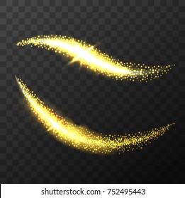  Magic vector waves with Sparkle and glitter stardust isolated on black background. Golden glittering lines with gold particles isolated on transparent background. Glitter bright trail stock vector