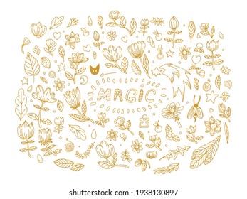 Magic vetor doodle set. Hand drawn illustration, flat and cartoon style. For stickers, cards, tattoo, print design, badges. Vector witch magic set. 