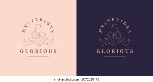 Magic vial with gemstones logo emblem design template vector illustration in minimal line art style. Linear glass bottle silhouette for cosmetic logotype or witchcraft brand insignia