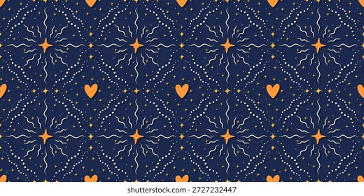 Patrón de corazón sin fisuras con pequeños símbolos y suaves tonos amarillos y azules. Diseñado para telas de bebé, manteles de San Valentín y papel de regalo romántico.