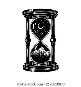 Magic Vintage hourglass with mountains, moon and stars. Antique timer. Chalk sketch on blackboard. Hand drawn vector illustration. Retro style.