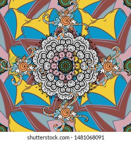 Magic vintage, print, cloth. Hand drawn vector colored Mandala seamless pattern. Arabic, indian, turkish and ottoman culture decoration style. Ethnic ornament on yellow, brown and blue colors.