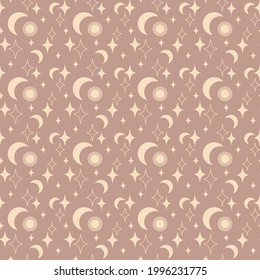 Magic vintage seamless pattern  boho with sun, moon, star isolated on beige background. Vector flat illustration. Bohemian design for wrapping, textile, wallpaper, backdrop, packaging