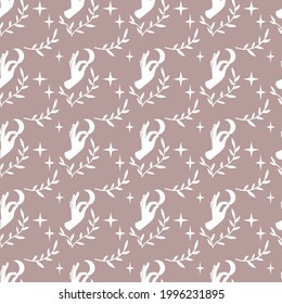 Magic vintage seamless pattern  boho hand with moon, star, branch isolated on beige background. Vector flat illustration. Bohemian design for wrapping, textile, wallpaper, backdrop, packaging