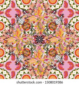 Magic vintage template of greeting, print, cloth. Arabic, indian, turkish, ottoman culture decoration style. Hand drawn vector colored Mandala seamless pattern. Ethnic ornament on yellow, pink colors.