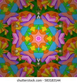 Magic vintage template of greeting, print, cloth. Arabic, indian, turkish and ottoman culture decoration style. Hand drawn vector colored Mandala seamless pattern. Ethnic ornament on background.