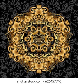 Magic vintage template of greeting, print, tattoo. Hand drawn vector Gold Mandala seamless pattern. Ethnic ornament on black background. Arabic, indian, turkish and ottoman culture decoration style.