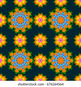 Magic vintage template of greeting, print, cloth. Ethnic ornament on blue background. Arabic, indian, turkish and ottoman culture decoration style. Hand drawn vector colored Mandala seamless pattern.