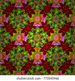 Magic vintage template of greeting, print, cloth. Hand drawn vector colored Mandala seamless pattern. Ethnic ornament on red, green and orange colors. Arabic, indian, turkish culture decoration style.