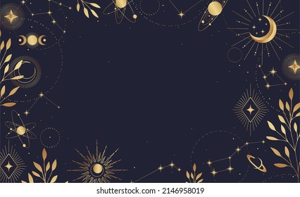 Magic violet background with crescent, constellations, stars, place for text. Astrological banner with stars, cosmic pattern. Vector illustration