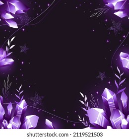 Fondo mágico violeta con cristales, hierbas, estrellas, lugar de texto. Banner astrológico con estrellas, patrón cósmico. Ilustración del vector Doodle