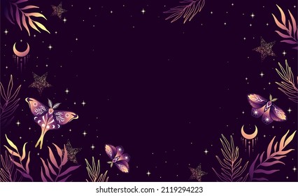 Magic violet background with moon, crescent, butterfly and herbs, place for text. Astrological banner with stars, cosmic pattern. Doodle vector illustration