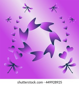 Magic violet illustration with abstract dragonfly, hearts, circle elements. Vector illustration perfect for childish design