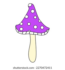 Magic violet poison mushroom with white dots, doodle style flat vector