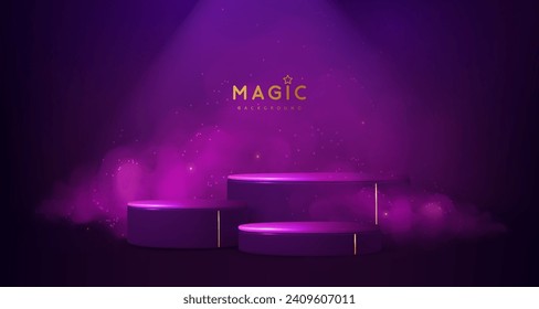 Magic violet showcase background with 3d podium and purpure fog or steam. Glowing shiny trail. Vector illustration