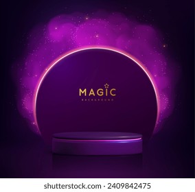 Magic violet showcase background with 3d podium and purpure fog or steam. Glowing shiny trail. Vector illustration
