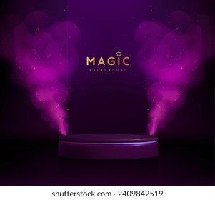 Magic violet showcase background with 3d podium and purpure fog or steam. Glowing shiny trail. Vector illustration