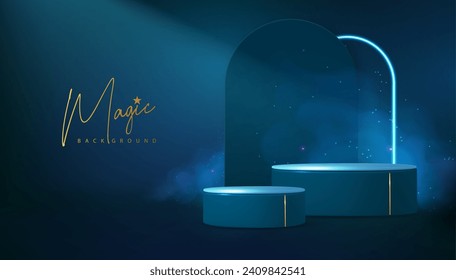 Magic violet showcase background with 3d podium and purpure fog or steam. Glowing shiny trail. Vector illustration