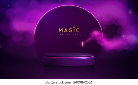 Magic violet showcase background with 3d podium and purpure fog or steam. Glowing shiny trail. Vector illustration