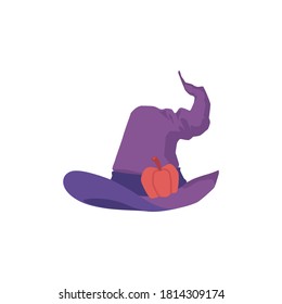 Magic violet witch or wizard hat with buckle icon, flat vector illustration isolated on white background. Witchcraft fantasy headwear for Halloween holiday.