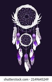 Magic violet wood dreamcatcher. Native vector illustration. Boho colorful sketch for poster, print, t-shirt
