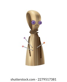 Magic voodoo doll with needles on white background realistic vector illustration