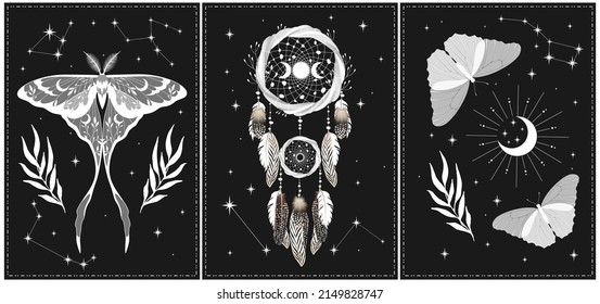 Magic wall art vector set. Decorative symbolic moths, dreamcatchers and stars. White contour sketches, vector mythology set. Plant art design for printing, cover art, wallpaper.