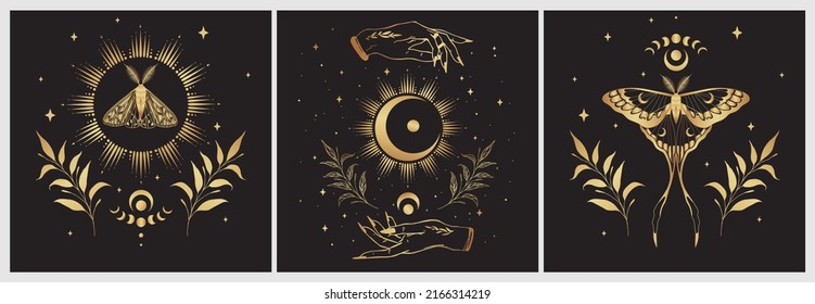 Magic wall art vector set. Decorative symbolic moth, crescent, hands and stars. Gold contour sketches, vector mythology set.