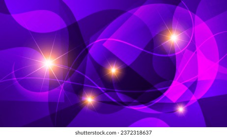 Magic wallpaper in purple tones. Lights, intertwining wavy translucent stripes against a backdrop of overlapping abstract shapes and mixing of colors. Vector.
