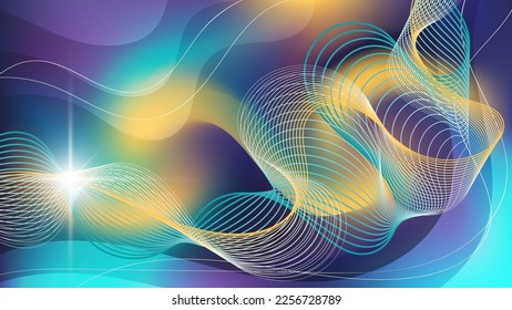 Magic wallpaper in purple, yellow, turquoise colors. A flash of light, intertwining smooth lines against a backdrop of overlapping abstract shapes and mixing colors. Vector.