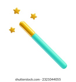 Magic wand 3d estilo de representación realista ilustración vectorial. Palo azul claro con estrellas y destellos dorados. Magician, mago, hada, accesorio de princesa aislado en fondo blanco
