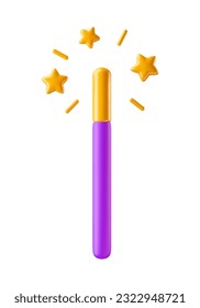 Magic wand 3d realistic style. Cute pink magical stick with golden stars and sparkles. Magician, wizard, fairy, princess accessory vector illustration isolated on white background