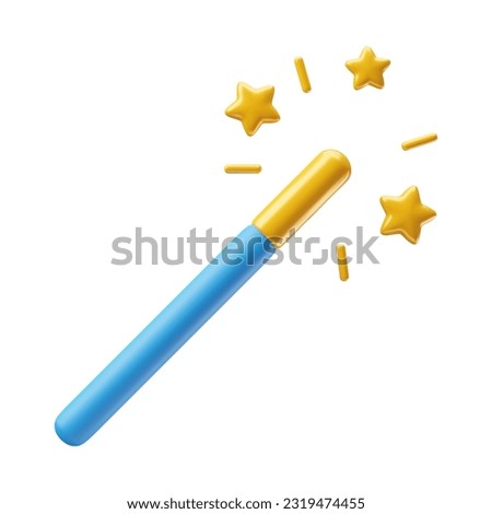 Magic wand 3d realistic style rendering vector illustration. Magical blue and golden stick with stars and sparkles. Magician, wizard, fairy, princess accessory isolated on white background