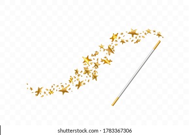 Magic wand with 3d stars on transparent background. Trace of gold dust. Magic abstract background isolated. Miracle and magic. Vector illustration.