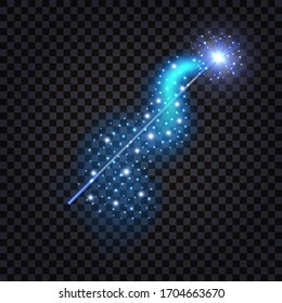 Magic Wand with blue glowing light wave, shiny star and glitter. Isolated element for game design or cartoon for magician spells. Vector illustration. 