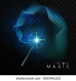 Magic wand with blue glowing shiny trail.  Isolated on black transparent background. Vector illustration