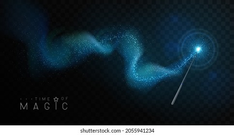 Magic wand with blue glowing shiny trail.  Isolated on black transparent background. Vector illustration