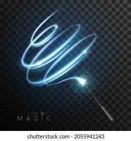 Magic wand with blue glowing shiny trail.  Isolated on black transparent background. Vector illustration