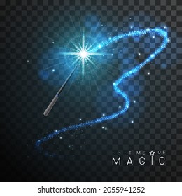 Magic wand with blue glowing shiny trail.  Isolated on black transparent background. Vector illustration