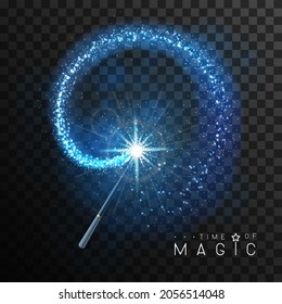 Magic wand with blue glowing shiny trail.  Isolated on black transparent background. Vector illustration